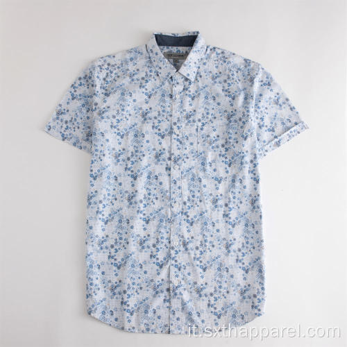 Camicie casual da uomo con stampa di fiori blu a maniche corte